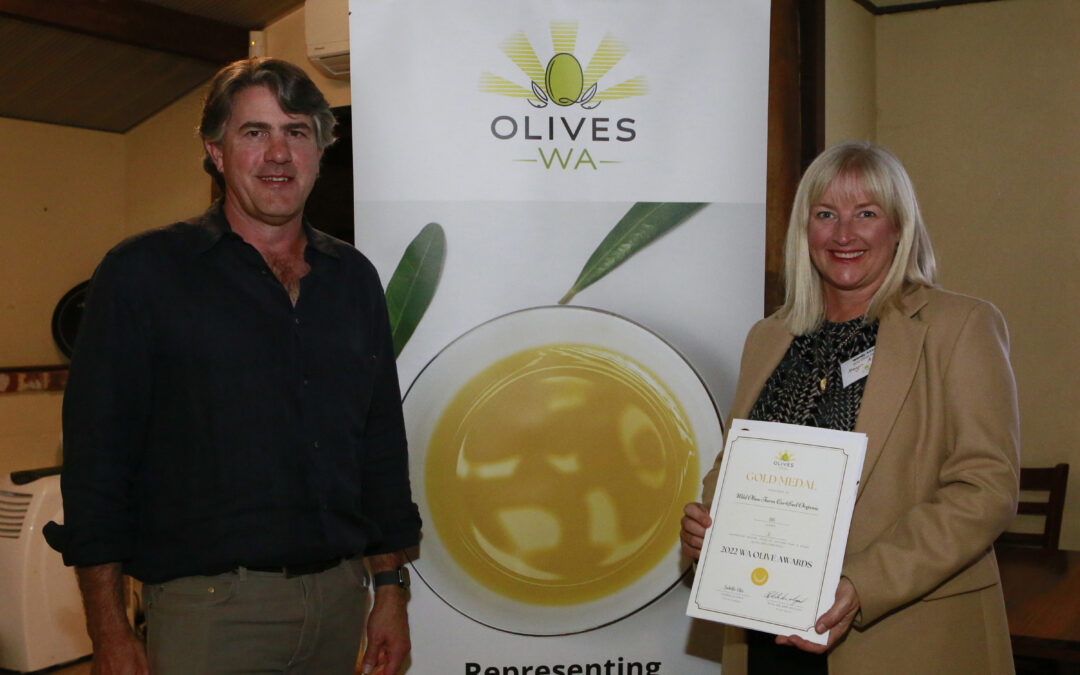 Megan Aitken Andrew Aitken with gold certificate at 2022 WA Olives Awards